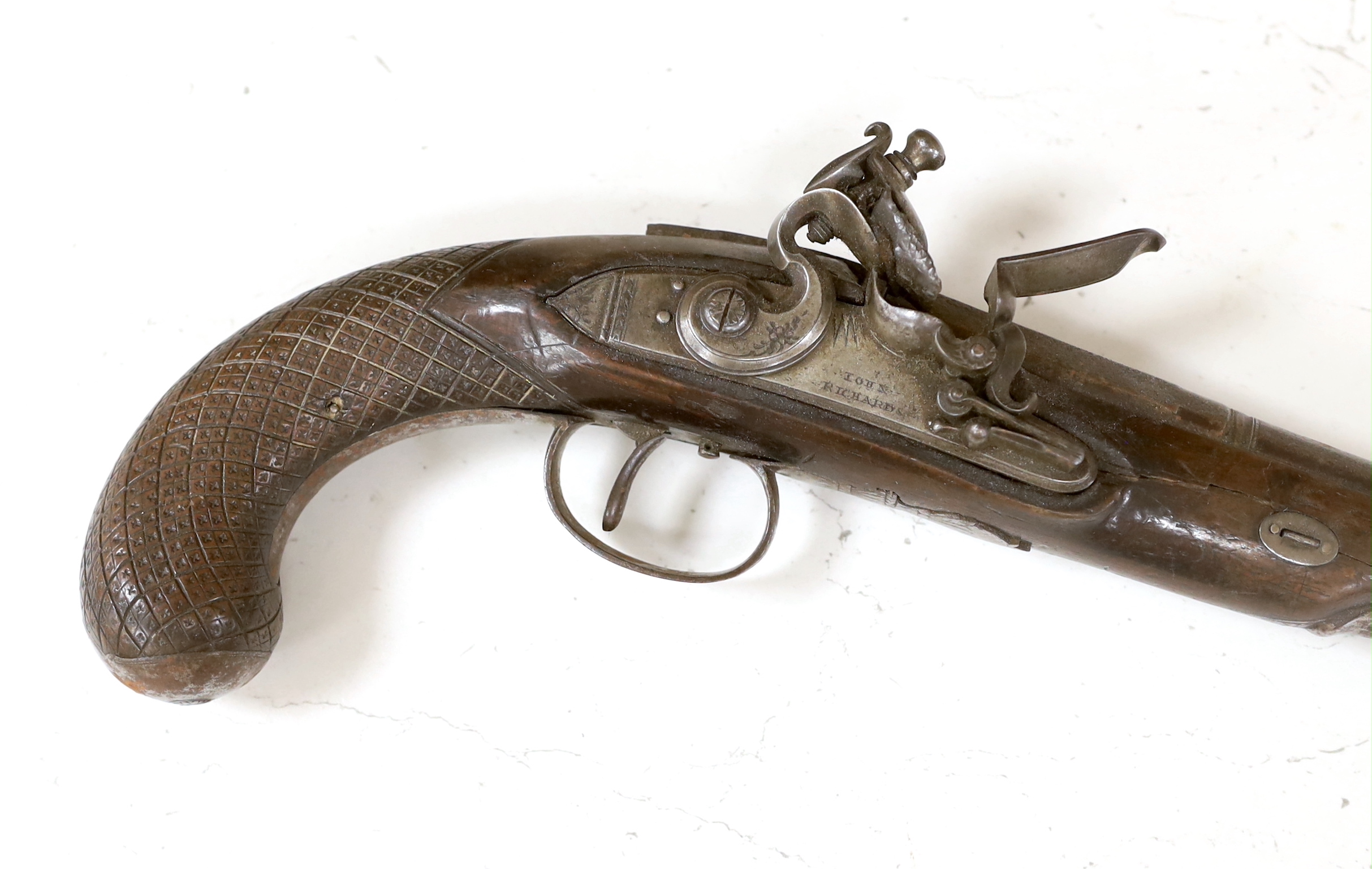 A 20 bore flintlock duelling pistol, lock engraved John Richards, c.1780